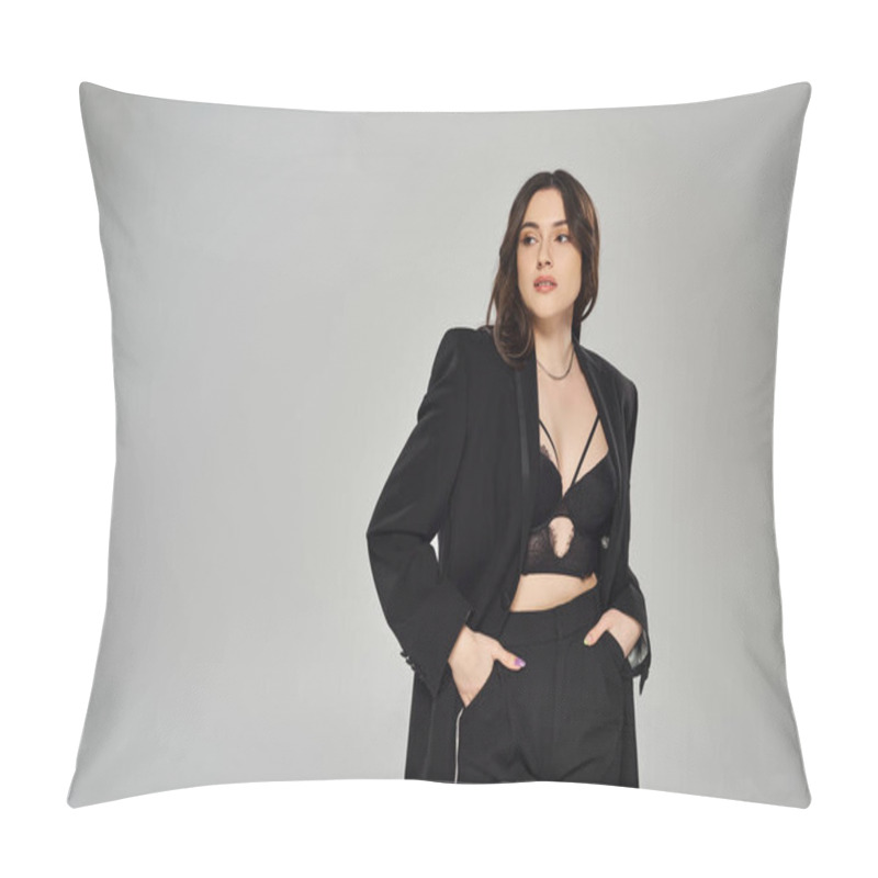 Personality  A Beautiful Plus Size Woman In A Black Suit Strikes A Confident Pose Against A Gray Backdrop. Pillow Covers