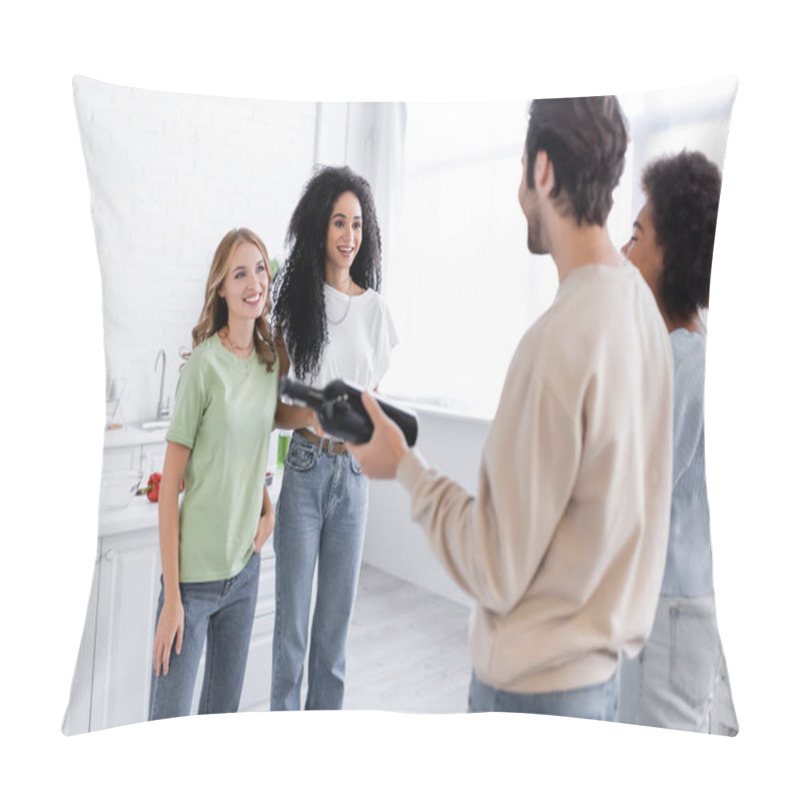 Personality  Happy Lesbian Couple Looking At Blurred Friends With Bottle Of Wine At Home Pillow Covers