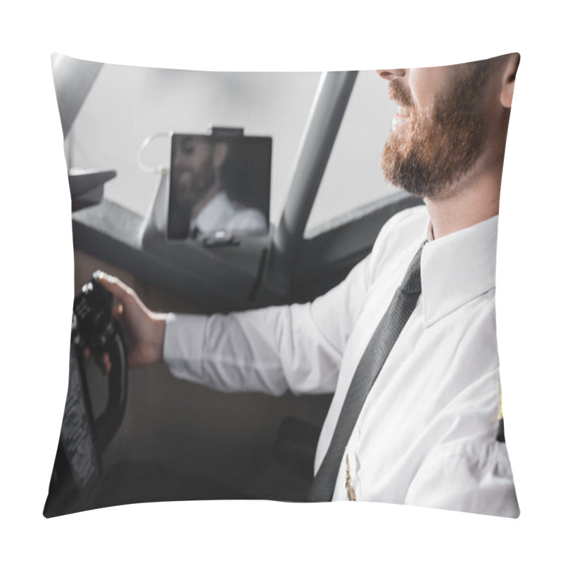 Personality  Cropped View Of Cheerful Pilot In Uniform With Badge Using Yoke Pillow Covers