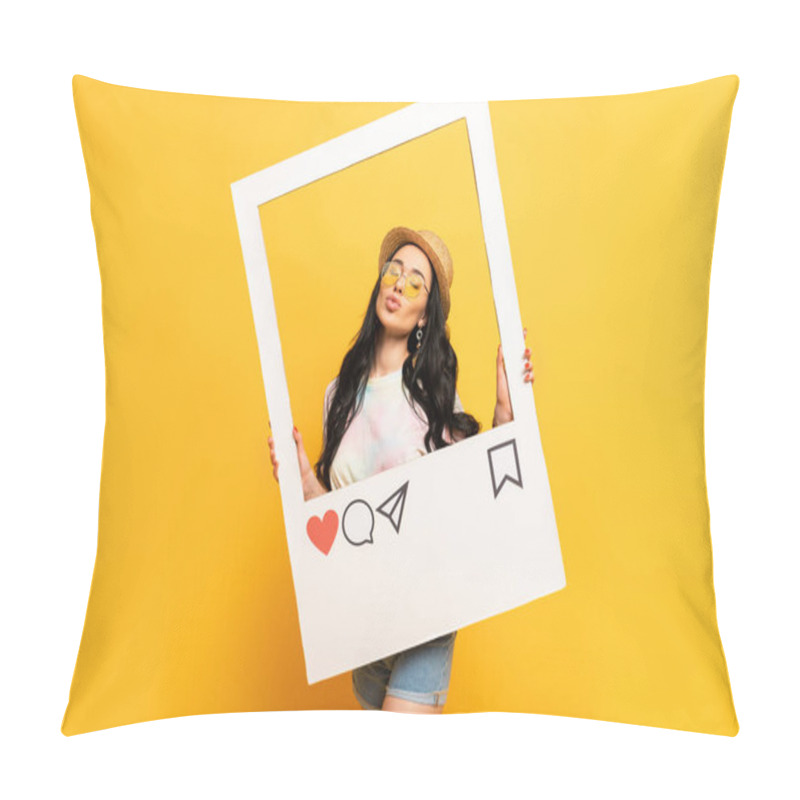 Personality  Brunette Girl In Summer Outfit Posing Pouting Lips In Social Network Frame On Yellow Background Pillow Covers