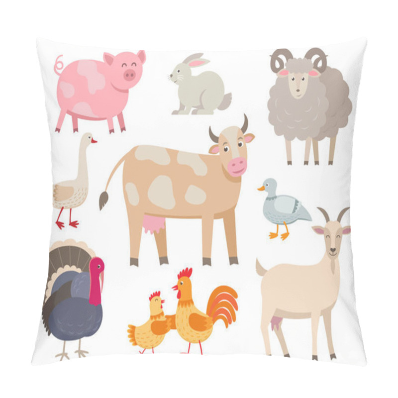 Personality  Farm Animals Vector Flat Collection Isolated On White Background. Set Of Animals Includes Cow, Pig, Goat, Sheep, Turkey, Rabbit, Duck, Hen, Rooster And Goose In Cartoon Design. Pillow Covers