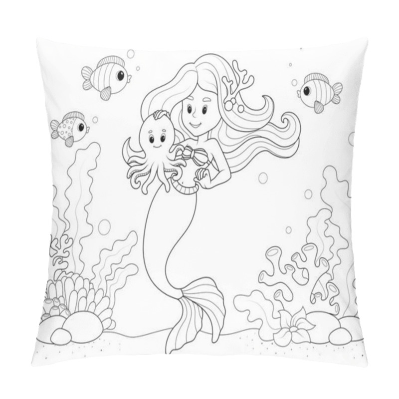 Personality  Mermaid On The Seabed With Sea Animals. Raster Illustration, Page For Printable Children Coloring Book. Pillow Covers