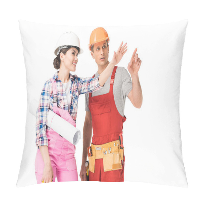 Personality  Professional Builders Man And Woman Holding Blueprint And Ruler Isolated On White Pillow Covers