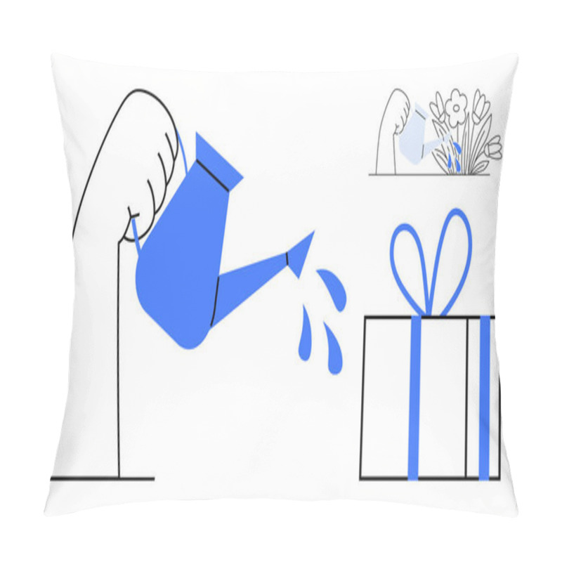 Personality  Hand Holding Watering Can, Water Splashing, Gift Box Tied With Bow, Inset Of Hand Watering Blooming Flowers. Ideal For Growth, Nurturing, Gardening, Gift-giving Care Nature Support. Line Metaphor Pillow Covers