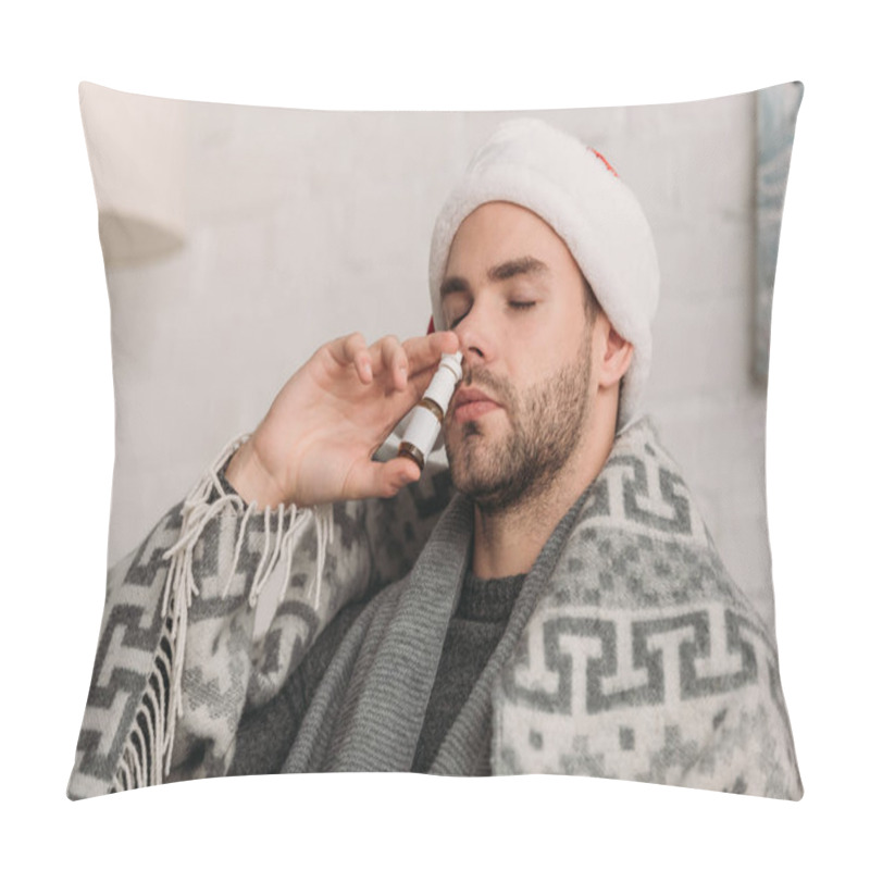 Personality  Unhealthy Man In Santa Hat, Wrapped In Blanket, Using Nasal Spray With Closed Eyes Pillow Covers