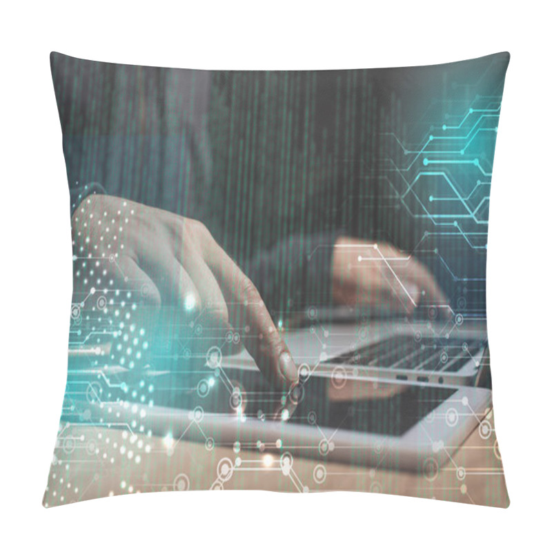 Personality  Cropped Shot Of Male Hacker Using Laptop And Tablet, Cyber Security Concept Pillow Covers