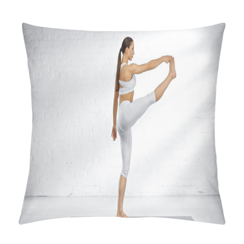 Personality  Side View Of Woman Standing In Dancing Shiva Pose On Yoga Mat  Pillow Covers