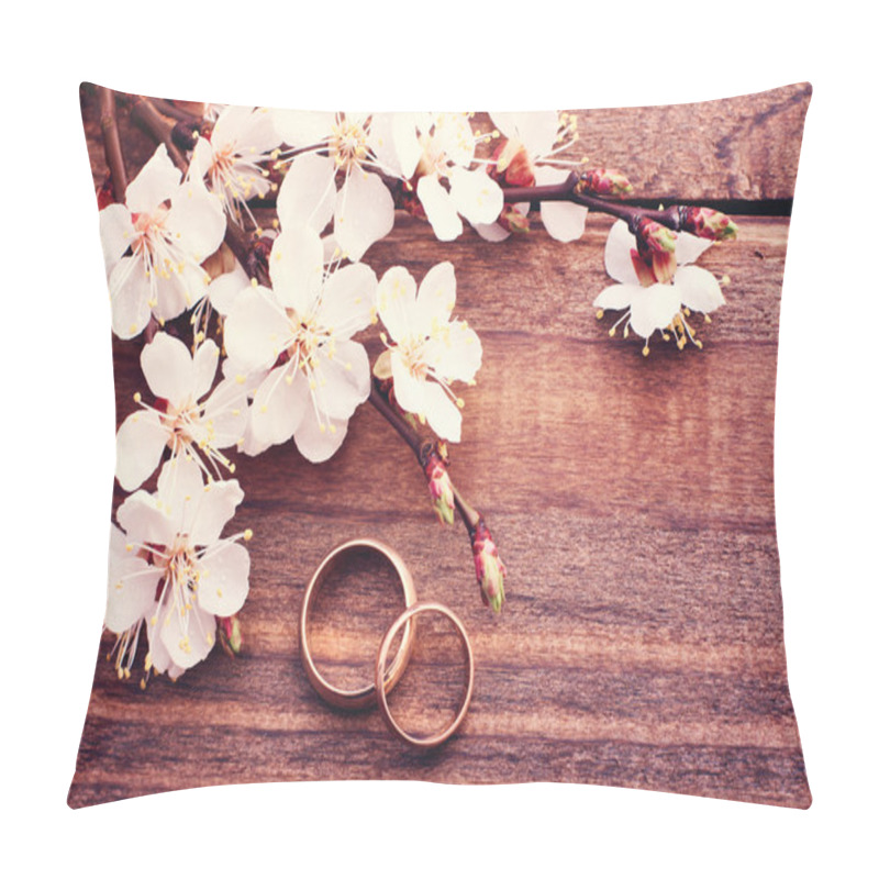 Personality  Wedding Rings. Flowering Branch Flowers On Wooden Surface. Pillow Covers