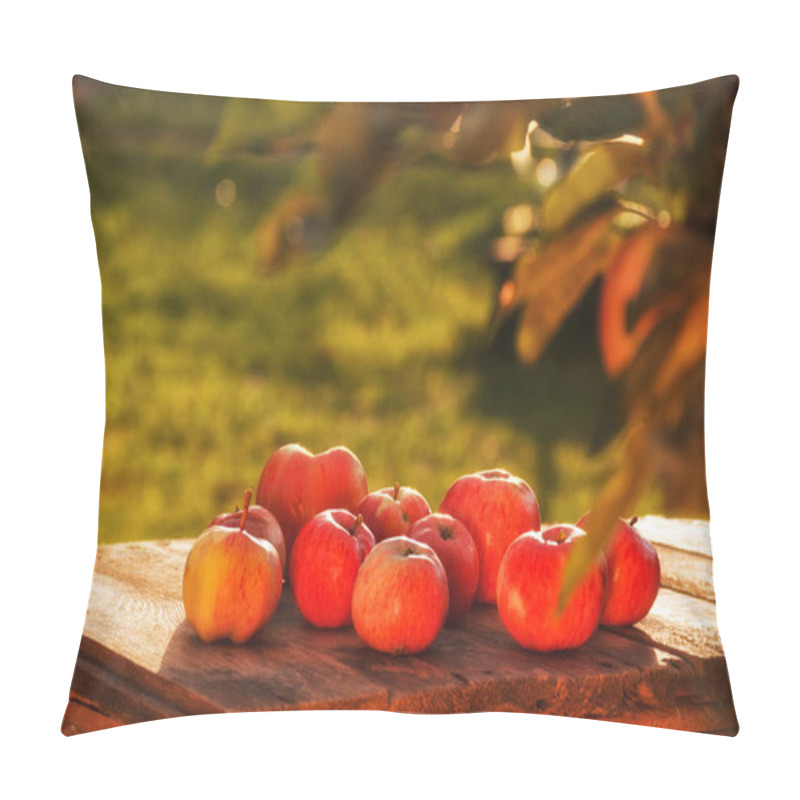 Personality  Apples On Wooden Table Outdoor. Beautiful Sunset Summer And Autumnal Natural Background Pillow Covers