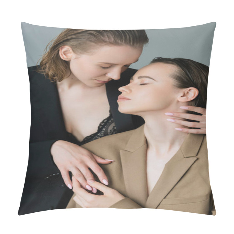 Personality  Sensual Lesbian Woman With Closed Eyes Embracing Partner In Beige Blazer Isolated On Grey Pillow Covers