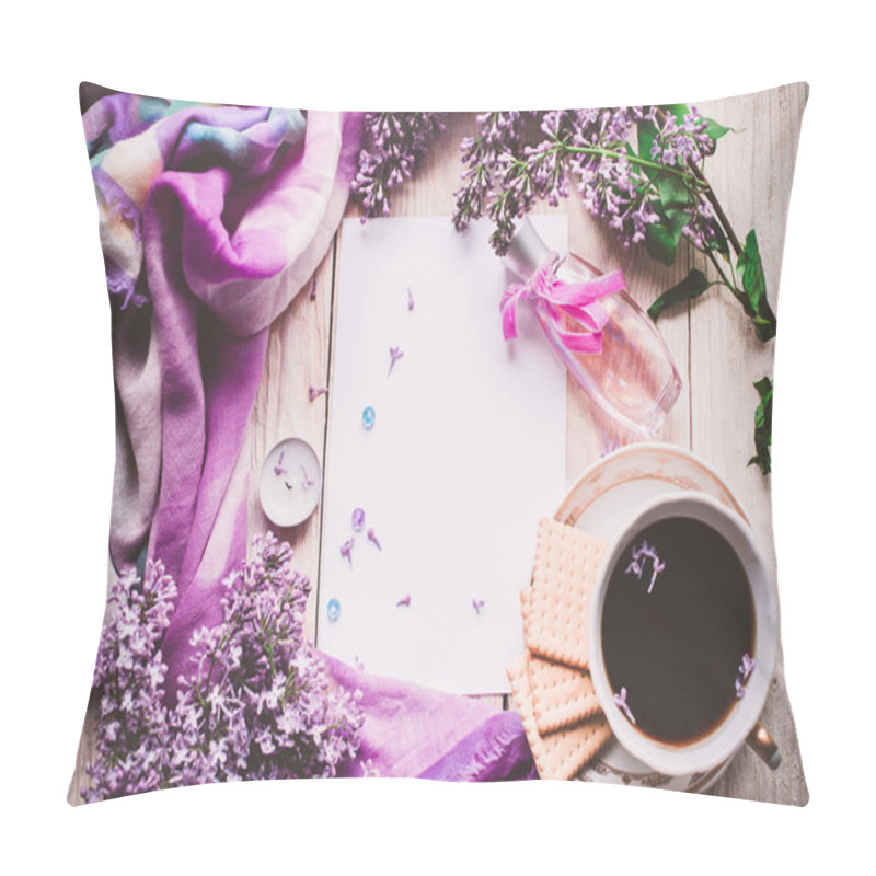 Personality  Morning Cup Of Tee, Cookies, And Lilac Flower On Wooden Table From Above. Beautiful Breakfast. Flat Lay Style With Copy Space Pillow Covers