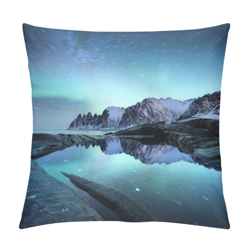 Personality  Tungeneset Rocks And Aurora Borealis Light. Stars Trails And Northern Light. Reflections On The Water Surface. Senja Islands, Norway. Travel - Image Pillow Covers