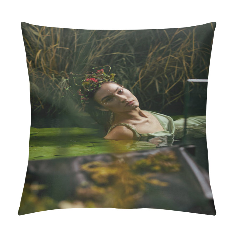 Personality  A Woman With A Flower Crown Stands In A Swamp, Eyes Closed, Surrounded By Lush Greenery. Pillow Covers