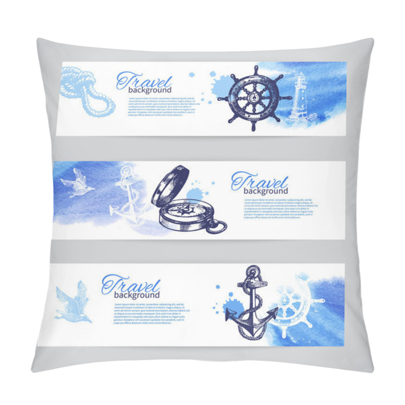 Personality  Set Of Travel Banners. Sea Nautical Design. Pillow Covers