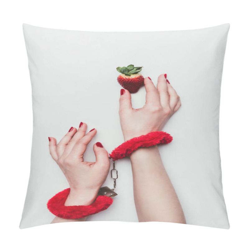 Personality  Female Hands In Red Fluffy Handcuffs Reaching For Strawberry Isolated On White Pillow Covers