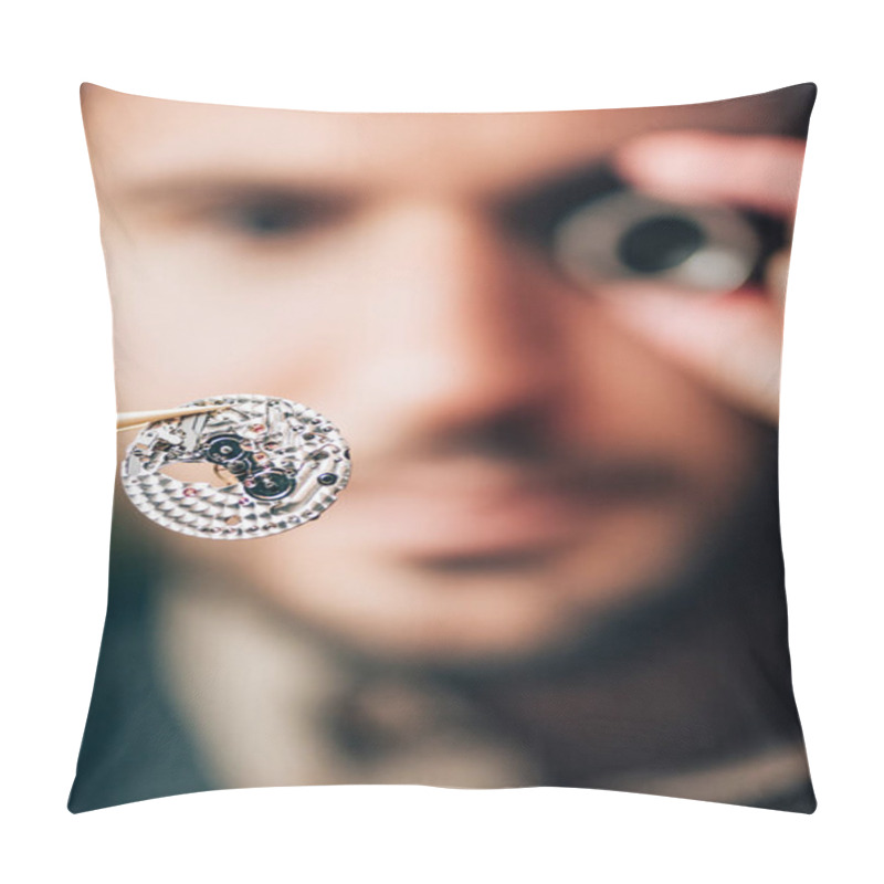 Personality  Selective Focus Of Watchmaker Holding Part Of Mechanical Wristwatch In Tweezers Pillow Covers