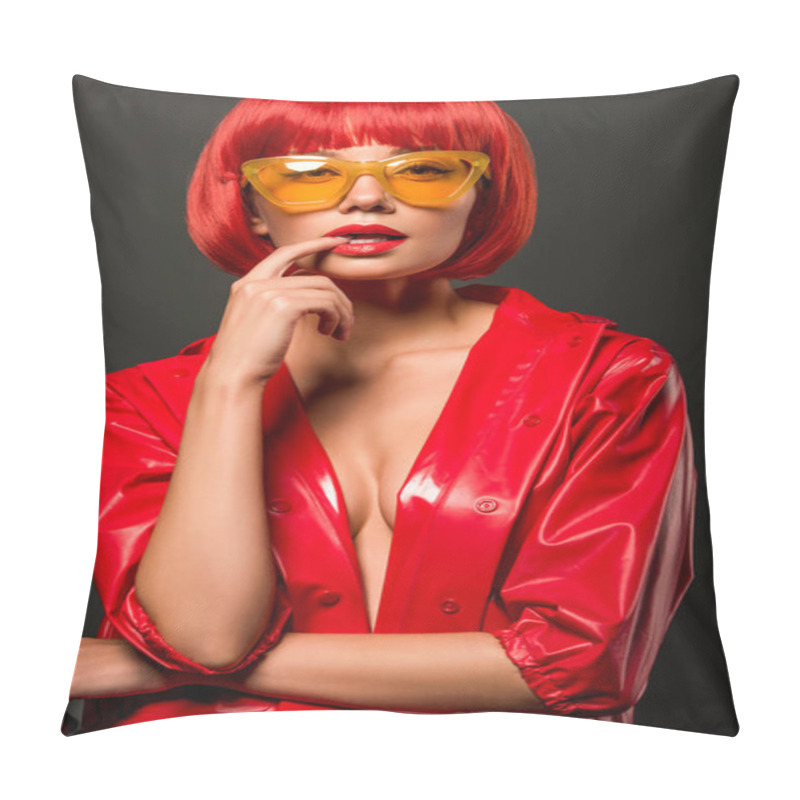 Personality  Close-up Portrait Of Beautiful Young Woman In Red Latex Jacket On Bare Skin And Vintage Yellow Sunglasses Looking At Camera Isolated On Grey Pillow Covers