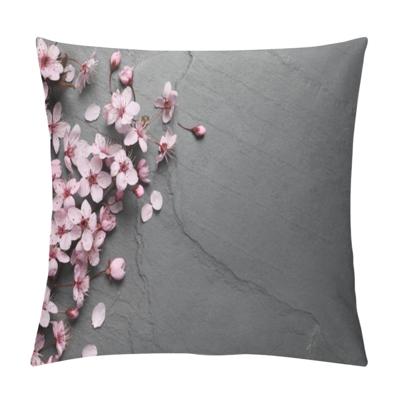 Personality  Cherry Tree Branch With Beautiful Pink Blossoms On Black Slate Table, Flat Lay. Space For Text Pillow Covers