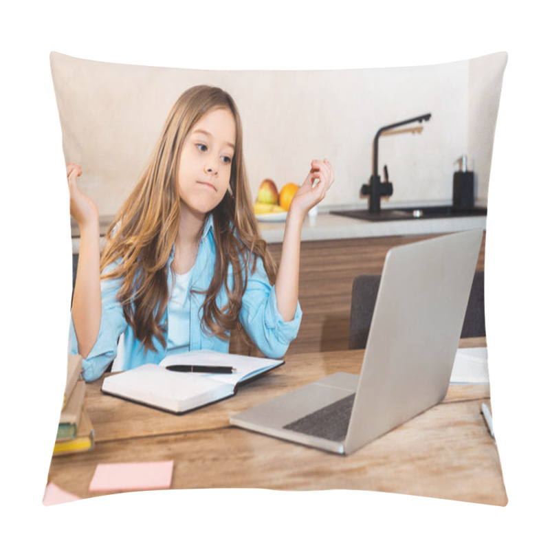 Personality  Selective Focus Of Confused Kid Looking At Laptop While E-learning At Home Pillow Covers