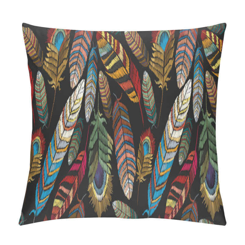 Personality  Feathers Embroidery Seamless Pattern. Beautiful Tropical Peacock Feathers Embroidery, Template Textiles, T-shirt Design Pillow Covers