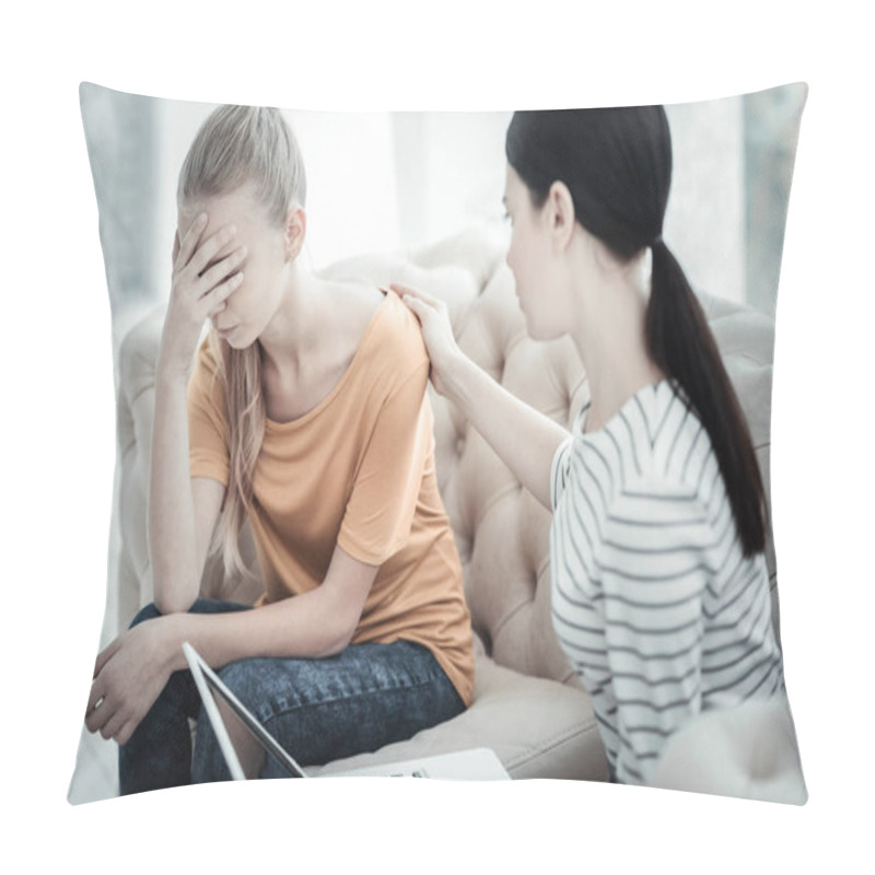 Personality  Upset Teen Girl Crying During Therapy Pillow Covers