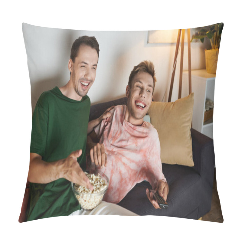 Personality  Two Men Share Joyful Moments On The Couch While Snacking On Popcorn. Pillow Covers