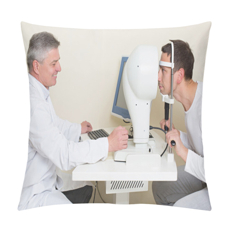 Personality  Man Having His Eyes Examined By An Eye Elderly Doctor. Pillow Covers