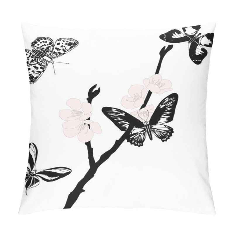 Personality  Pink Sakura Flowers And Black Butterflies Pillow Covers