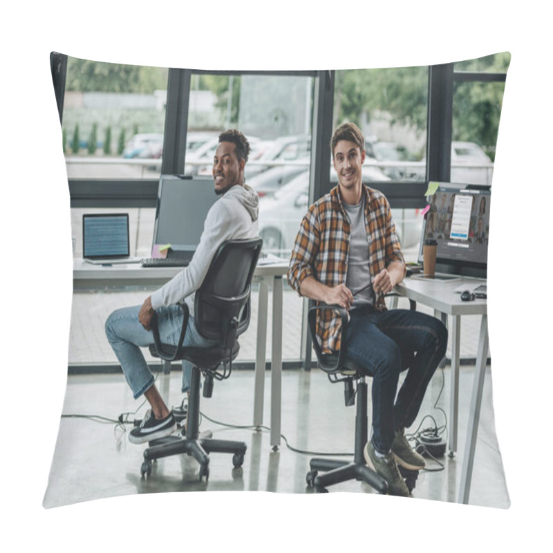 Personality  KYIV, UKRAINE - JULY 29, 2019: Young Programmer Sitting Near Computer Monitor With Linkedin Website On Screen Near African American Colleague Pillow Covers