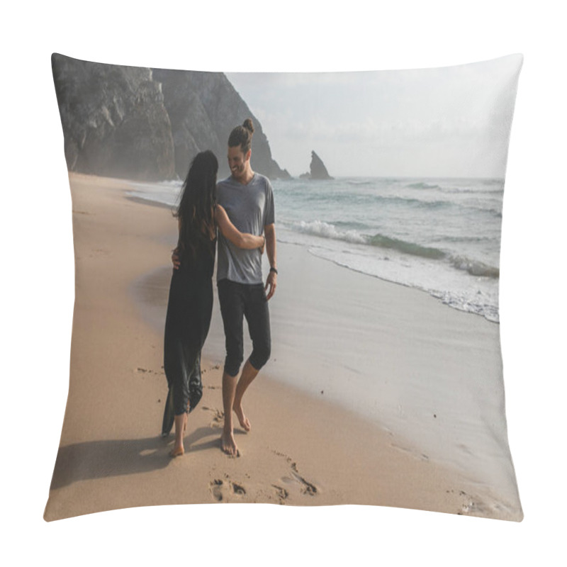 Personality  Happy Man Dancing With Girlfriend In Dress On Wet Sand Near Ocean Pillow Covers