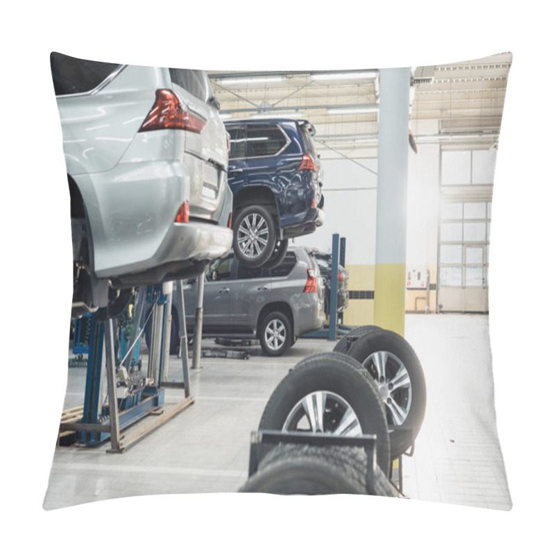 Personality  Modern Workshop With Automobiles Raised On Car Lifts On Blurred Foreground Pillow Covers