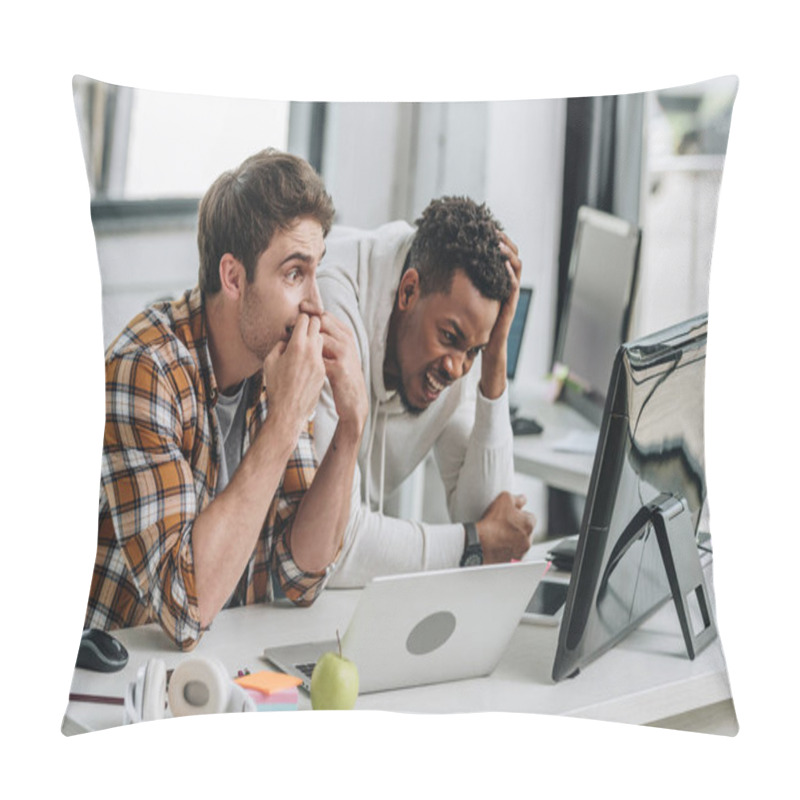 Personality  Two Shocked Multicultural Programmers Looking At Laptop In Office Pillow Covers