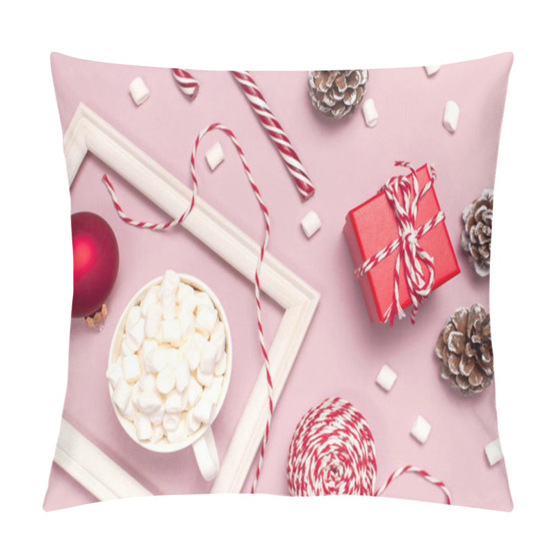 Personality  White Mug With Marshmallows Candy Cane Gifts Boxes Red Ball Packaging Lace Photo Frame On Pink Background Top View Flat Lay Winter Traditional Drink Food. Festive Decor Celebration Christmas New Year Holiday Pillow Covers