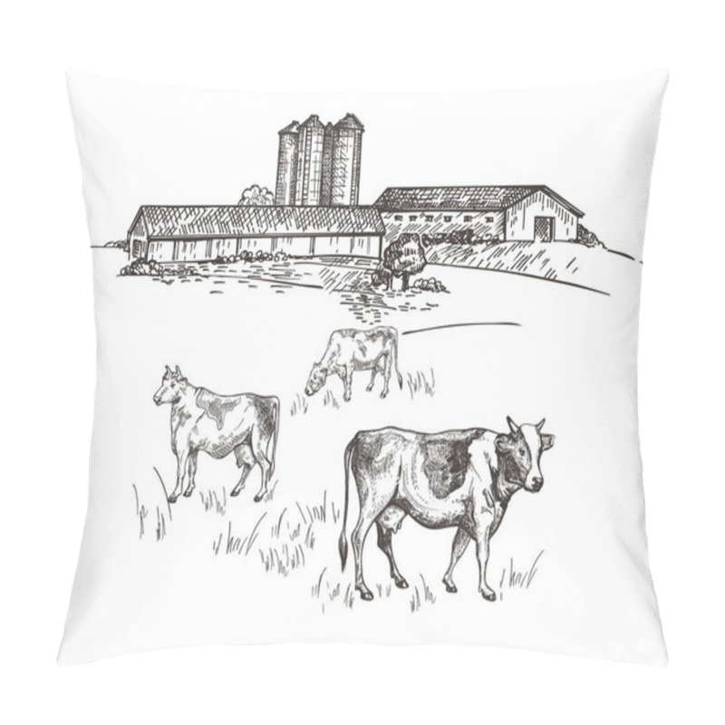 Personality  Cows Graze Near The Farm. Rustic Landscape Style Sketch. Retro Illustration. Pillow Covers