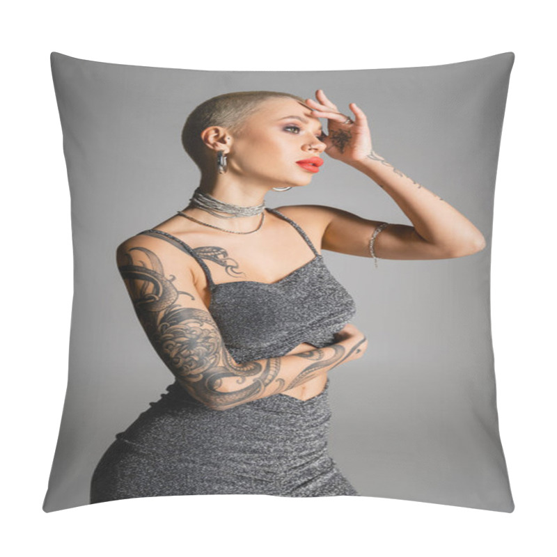 Personality  Tattooed Woman With Short Hair And Red Lips Holding Hand Near Face And Posing In Glamour Clothes Isolated On Grey Pillow Covers