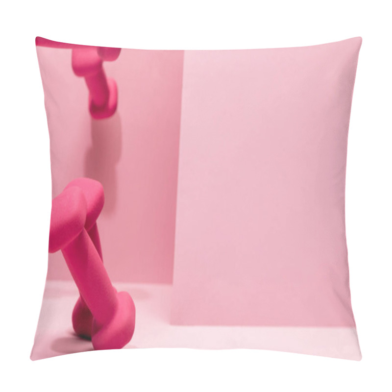 Personality  Pink Bright Dumbbells Flying In Air On Pink Background With Copy Space Pillow Covers