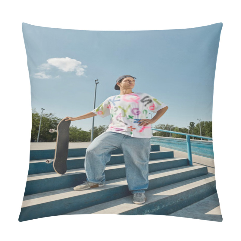 Personality  A Young Man Confidently Stands On A Skateboard At The Top Of A Set Of Stairs, Preparing To Descend. Pillow Covers