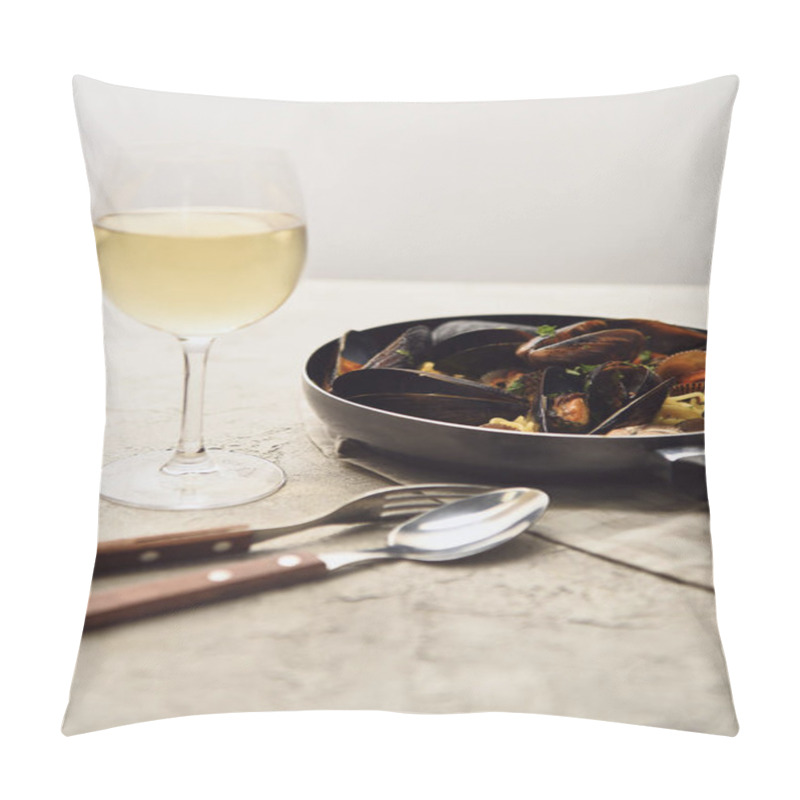 Personality  Tasty Italian Pasta With Seafood Served In Frying Pan With White Wine, Napkin And Cutlery Isolated On Grey Pillow Covers