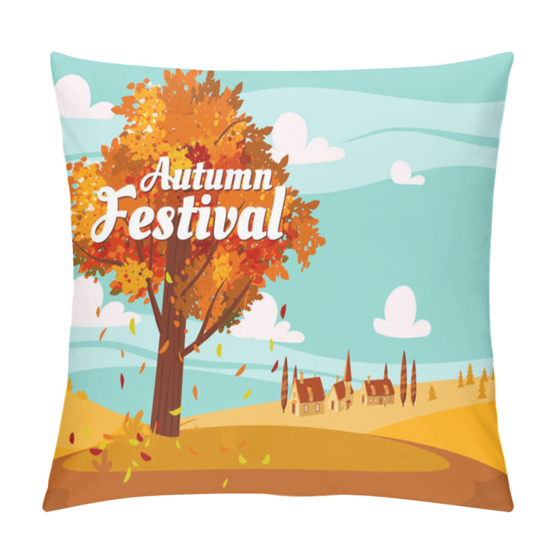 Personality  Autumn Festival Countryside Landscape, Fall Tree, Farm, Rural Village. Vector Illustration Background, Banner Pillow Covers