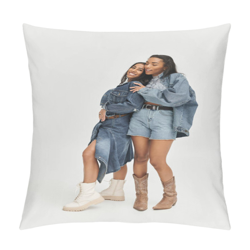 Personality  Two Stylish Women Flaunt Their Denim Jackets And Confident Smiles. Pillow Covers