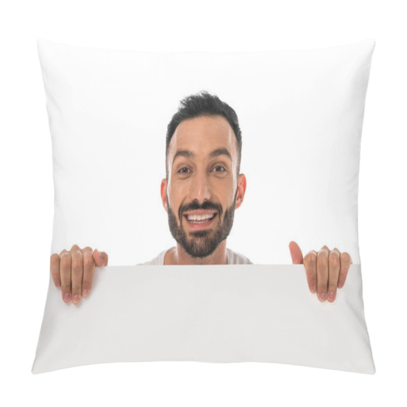 Personality  Happy Man Smiling While Holding Placard Isolated On White  Pillow Covers