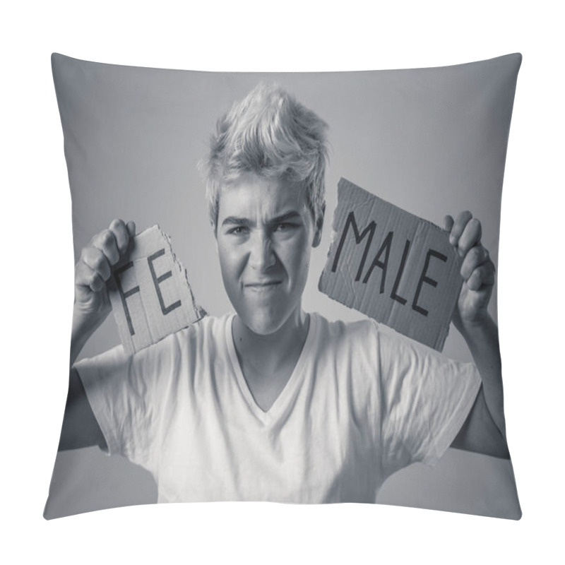 Personality  Handsome Transgender Teenager Tearing The Word Female Into MALE In Gender Identity, Equality And Human Rights. Breaking Silence About Own Gender Identity Transgender Pride And Freedom Concept. Pillow Covers