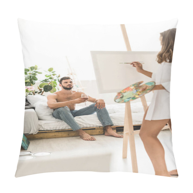 Personality  Selective Focus Of Man Sitting In Bed With Wine And Girl Drawing Guy Pillow Covers