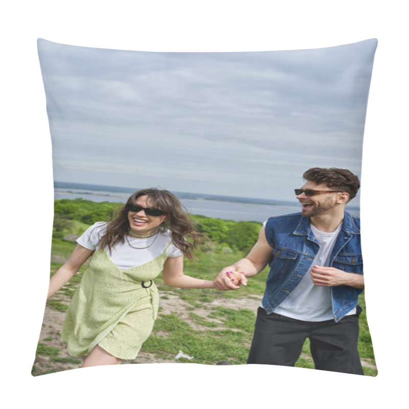 Personality  Positive Brunette Man In Sunglasses And Denim Vest Holding Hand Of Cheerful Girlfriend In Stylish Sundress And Spending Time With Nature At Background, Countryside Leisurely Stroll, Tranquility Pillow Covers