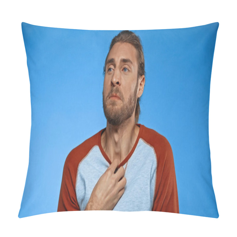 Personality  Bearded Young Man Feeling Unpleasant Smell On Blue Pillow Covers