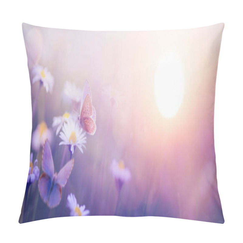 Personality  Nature With Beautiful Butterfly And Blooming Spring Wildflowers Against The Sky At Sunrise; Abstract Landscape With Spring Flowers Pillow Covers