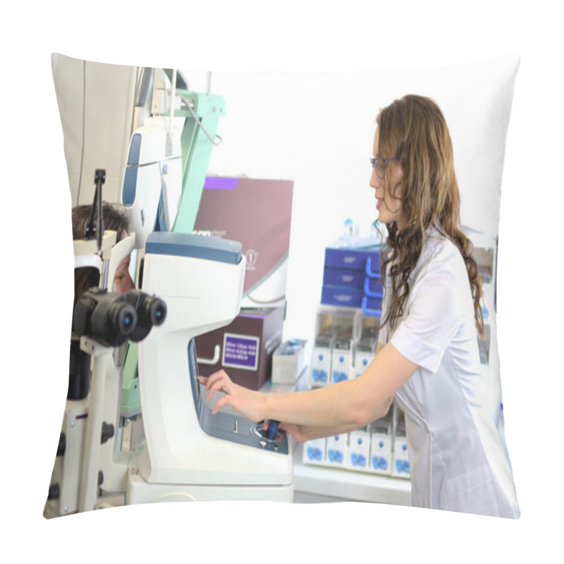 Personality  Pretty Young Woman Undergone An Ocular Fundus Inspection With Ophthalmologist Optometrist Optician, Low Depth Of Field Pillow Covers