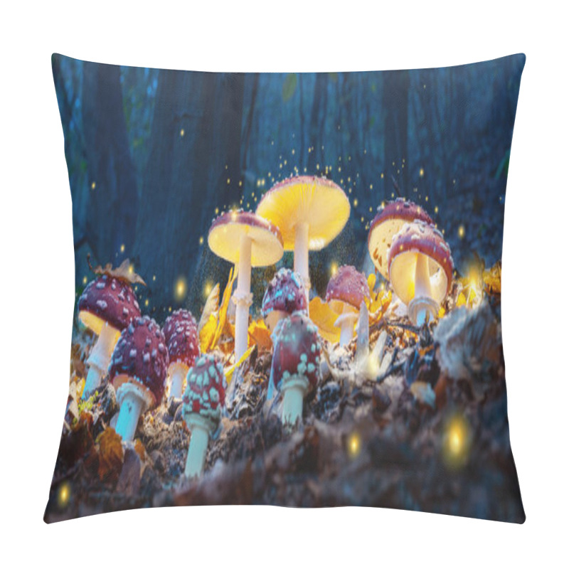 Personality  Mystical Fly Agarics Glow In A Mysterious Dark Forest. Fairytale Background For Halloween. Pillow Covers