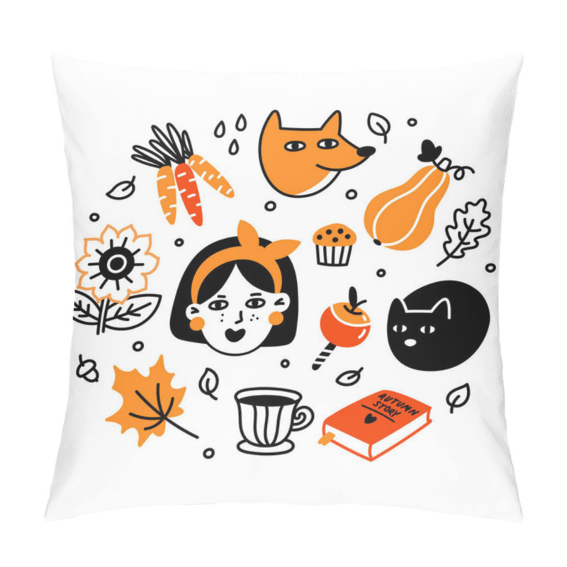 Personality  Autumn Set. Collection Of Cartoon Characters, Plants, Food And Things. Beautiful Print For Fall Season Party, Harvest Festival Or Thanksgiving Day. Pillow Covers