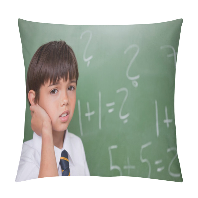 Personality  Confused Schoolboy Thinking While Scratching The Back Of His Hea Pillow Covers